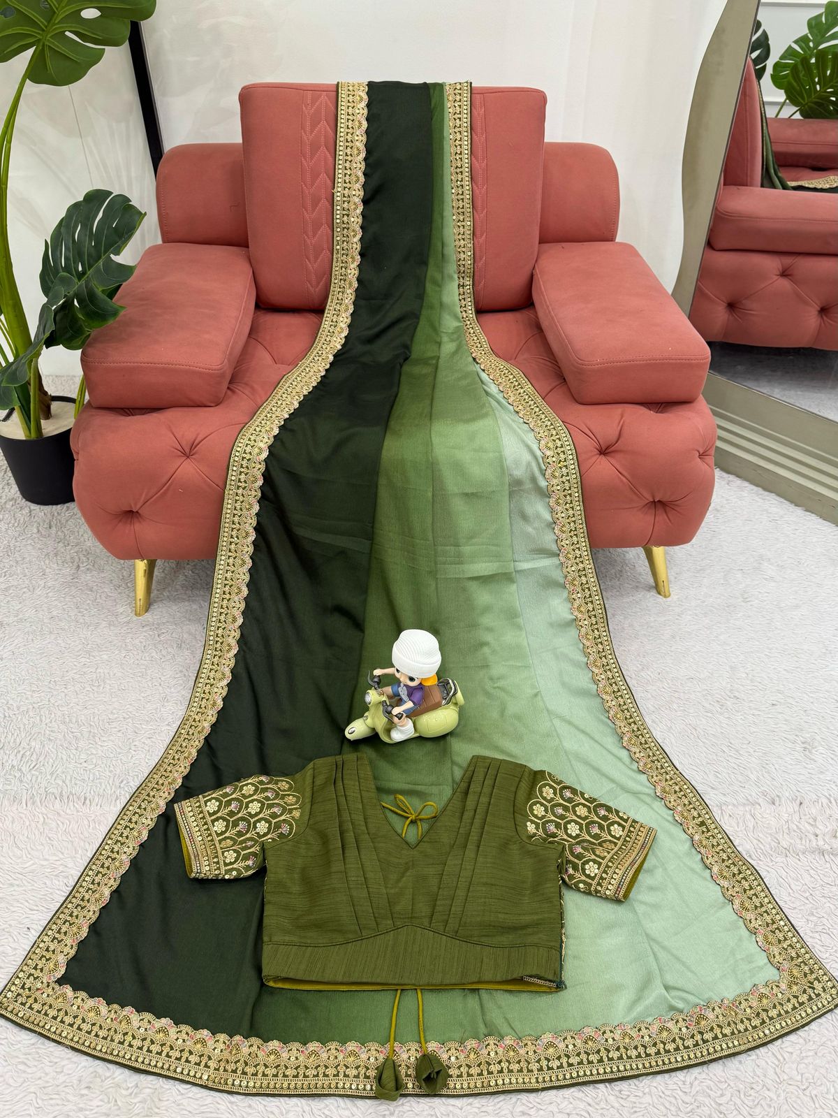 Shanvika pista green pure Chinon silk saree with delicate thread embroidery and sequin lace border, paired with unstitched Mono Benglori embroidered blouse fabric – perfect for weddings, festive celebrations, and party wear